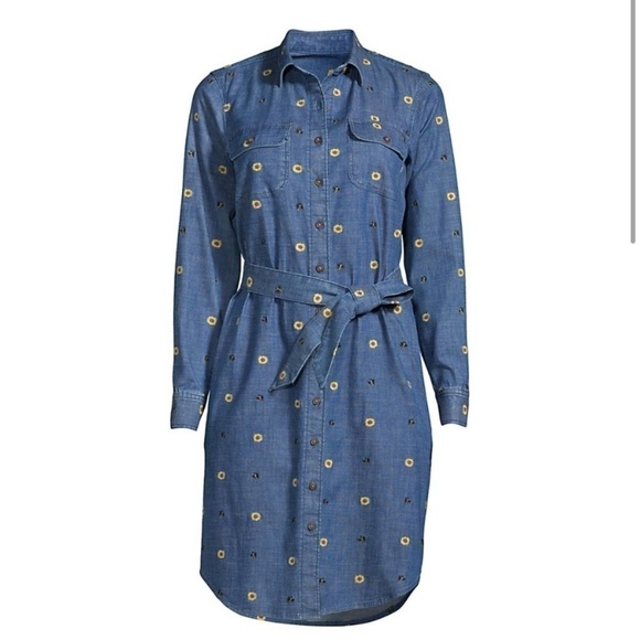 Lands' End Button Front Chambray Shirtdress XS embroidered bees sunflowers - Picture 1 of 9